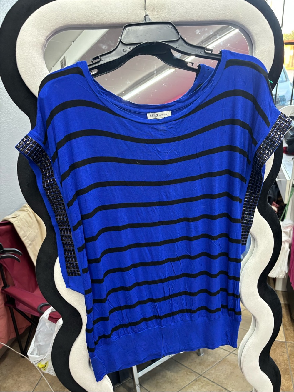 Mango Royal Blue & Black Striped Short Sleeve Top with Studded Trim